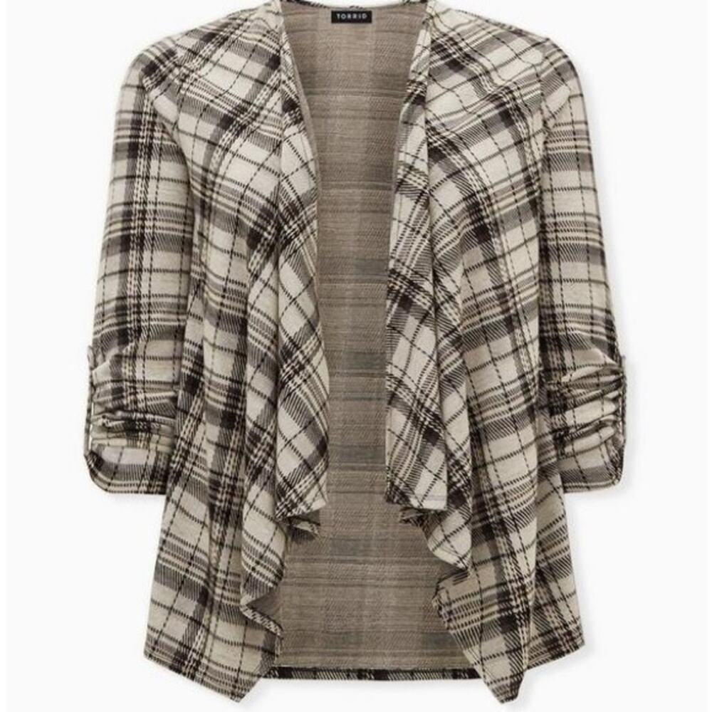 Torrid 00 Women’s Black & Ivory Plaid Drape Jacket Size Medium - Picture 5 of 13